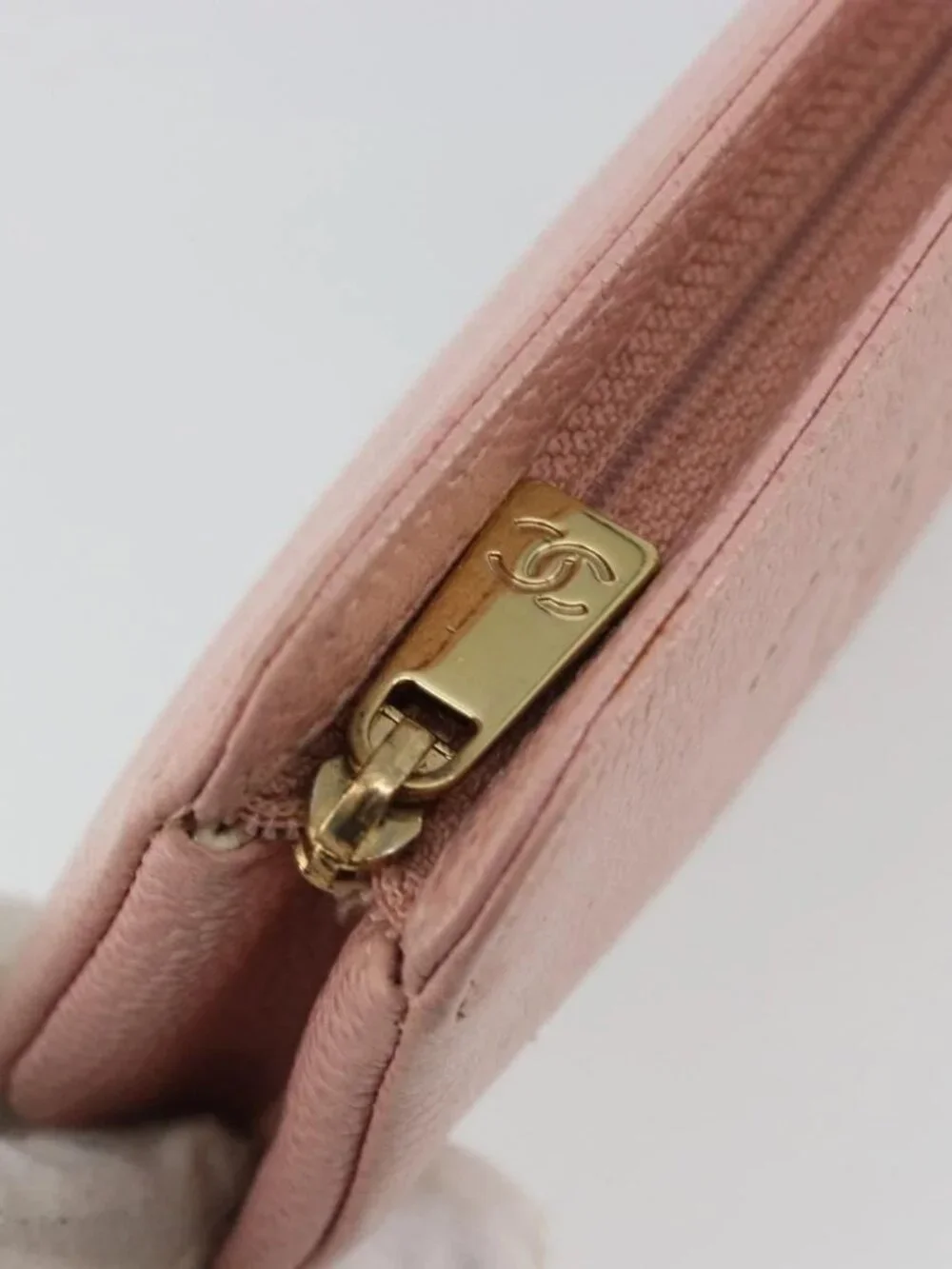 CHANEL Pouch Grained Calf Skin Pink Gold CC Auth 101855